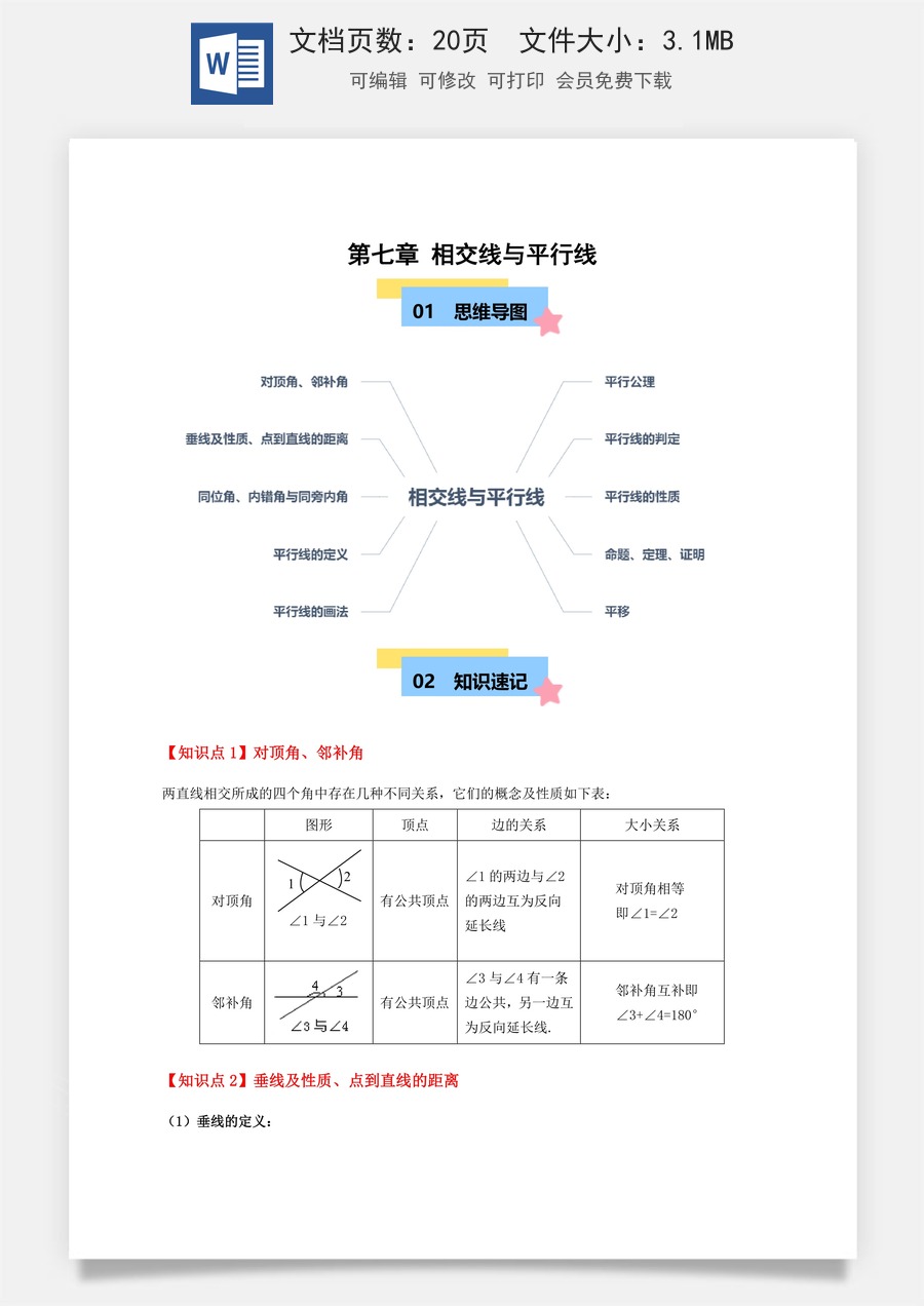 初中七年级下册数学-第七章 相交线与平行线（单元复习 10个知识点+16类题型突破）（原卷版）.docx
